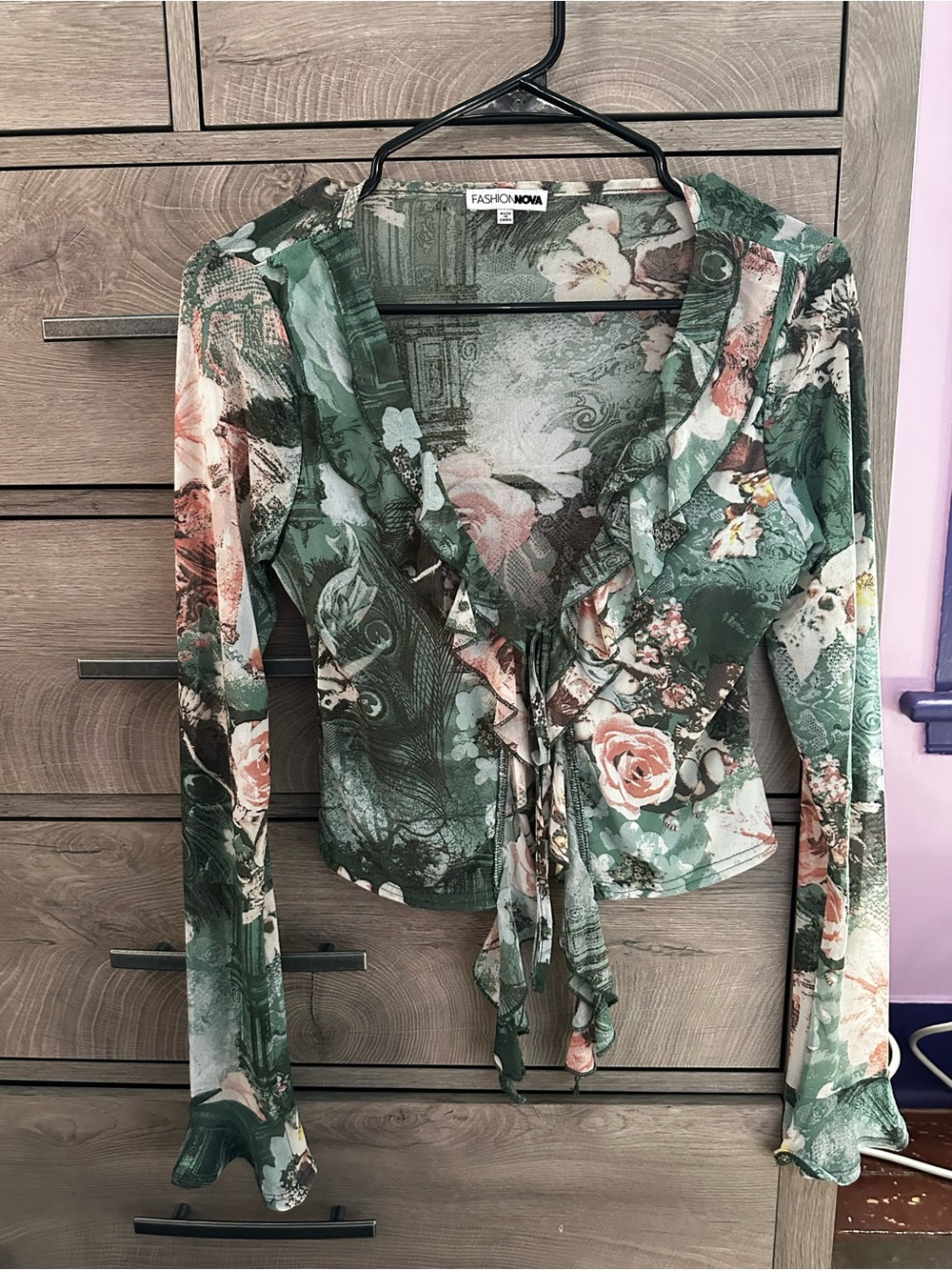 Fashion Nova Green Floral Ruffle Tie-Front Blouse